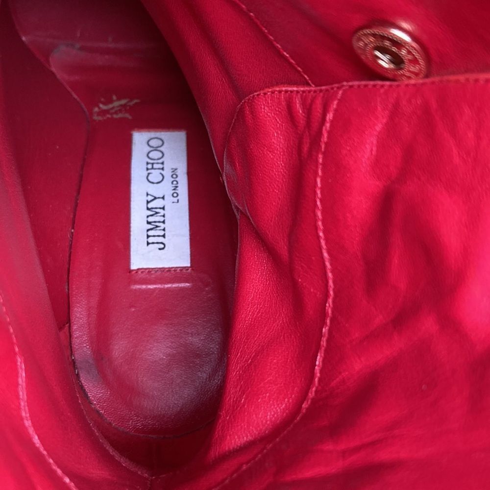 Jimmy Choo Boots Dayno Leather Mid Calf Vibrant Red Gold Button Closure Boots - Picture 12 of 16